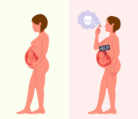 Happy pregnant woman with healthy fetus baby inside her belly and smoking woman with a child asking for help vector illustration