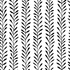 Hand crafted Black and white ethnic seamless pattern with botanical motifs. Vector background with brush ink dots. Simple floral pattern. Perfect for fabric, wrapping paper, textile, home decor - 535578458