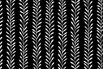 Hand crafted Black and white ethnic seamless pattern with botanical motifs. Vector background with brush ink dots. Simple floral pattern. Perfect for fabric, wrapping paper, textile, home decor