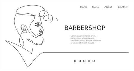 Barbershop. Man face continuous one line vector drawing. Style templates with abstract male. Can used for logo, emblem, slide show and banner. Illustration with quote template