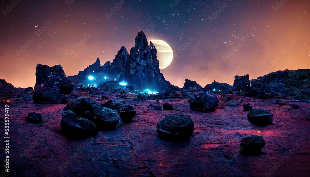 Poster on the earth's surface of purple lie the rocks near the mountains under the moon. 3d rendering