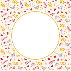 Autumn background template. Circle frame of fall leaves, herbs and berries with blank space for text or photo. Vector 10 EPS.