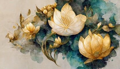 Open lotus flowers are drawn on a white paper canvas. 3D illustration - obrazy, fototapety, plakaty