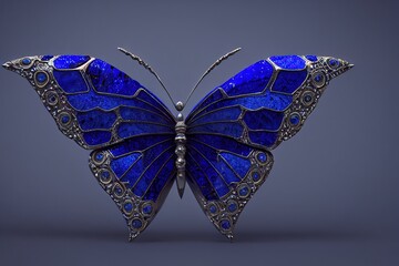 In the center of the photo is a precious brooch in the shape of a butterfly. 3D rendering - obrazy, fototapety, plakaty