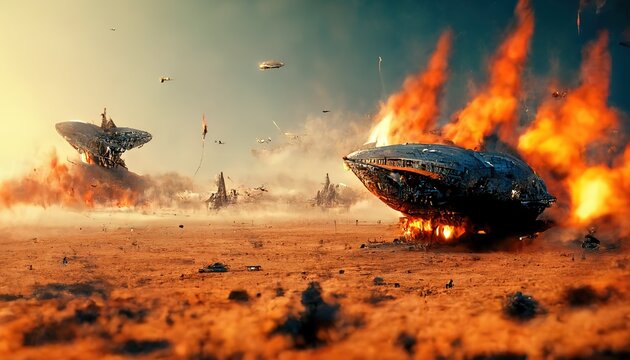 On the red surface of the planet mars, among the mountains, the metal hulls of airborne ships are burning. 3D illustration