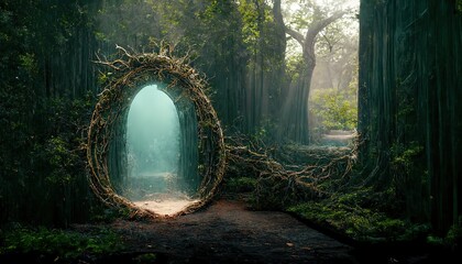 In a dense green forest, a dirt trail leads to a portal to another dimension. 3D illustration