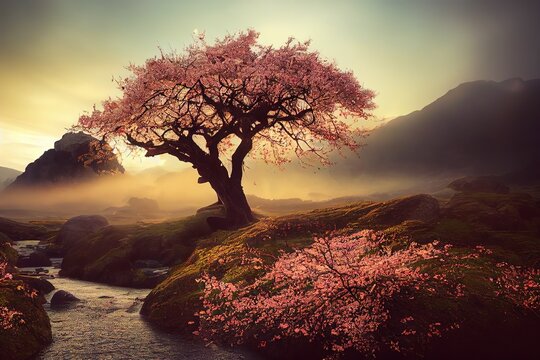 In the mountains at dawn stands a lone sakura tree near the river. 3D rendering