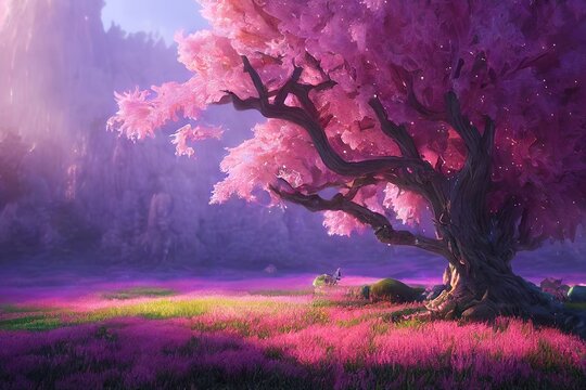 A lone sakura tree stands in a green lawn surrounded by mountains. 3D illustration