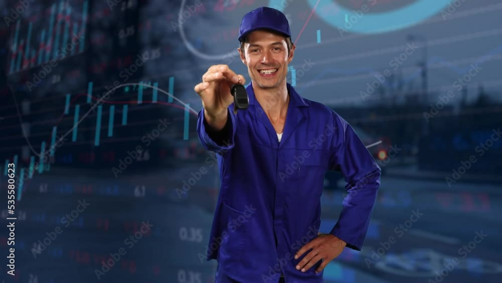 Poster animation of diverse financial data and graphs over happy caucasian man with car keys