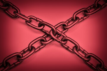 Old metal chain cross on red background. Concept of imprisonment, incarceration, detention, ban, isolation, lock. Metal steel chains for industrial use.