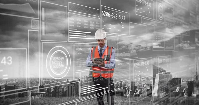 Animation of digital screen with diverse data over caucasian male engineer