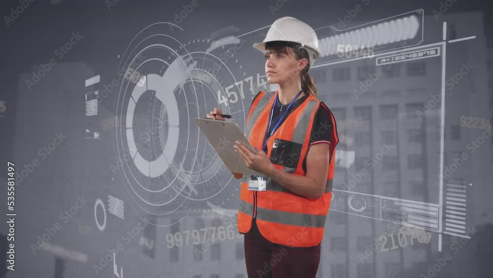 Poster animation of digital screen with diverse data and numbers over over caucasian female engineer