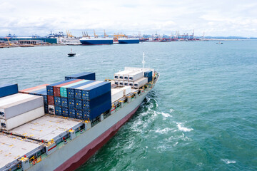 Container ship transporting cargo logistic to import export goods internationally around the world,...