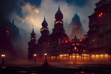 Fototapeta na wymiar Fantasy night dark landscape, night gloomy castle, ancient dark city. 3D illustration