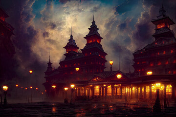 Naklejka premium Fantasy night dark landscape, night gloomy castle, ancient dark city. 3D illustration