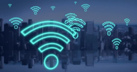 Animation of digital wifi icons flying over cityscape - Powered by Adobe