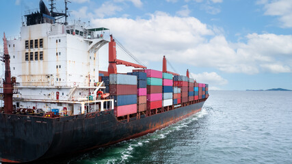 Naklejka premium Container ship transporting cargo logistic to import export goods internationally around the world, including Asia Pacific and Europe, business and industry service of goods logistic transportation