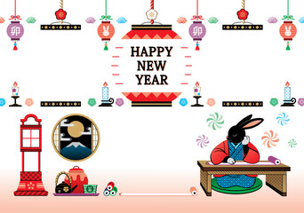 卯年イラスト年賀状デザイン「居眠り兎（フレーム）」HAPPY NEW YEAR（Year of the rabbit illustration new year's card greeting post card design frame）