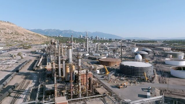 Aerial view of Oil and gas industry - refinery. Oil and Gas Industrial zone. The equipment of oil refining in Salt Lake city.