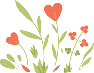 Cute botany. Heart shape flowers in grass. Love symbol