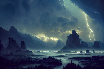 Fantasy gloomy landscape with mountains and river. Fog, dramatic clouds. 3D illustration.