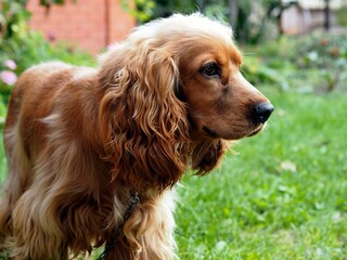 Red Spaniel hunting dog looks at the camera on the background of a green lawn.
