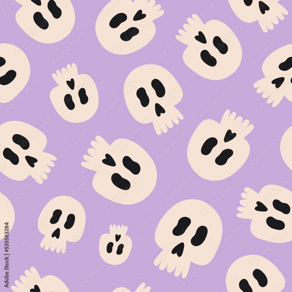 Poster simple monochrome seamless pattern with skulls. abstract halloween print design. pastel colors. vect