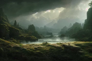 Draagtas Fantasie somber landschap met bergen en rivier. Mist, dramatische wolken. 3D illustratie. © Terablete