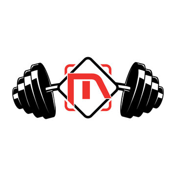 fitness logo, initial letter M with dumbbell  vector concept