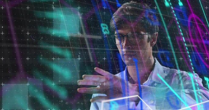 Animation of neon shapes over caucasian man using touchscreen