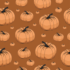 seamless autumn pattern Vector, pumpkins for halloween pattern, flat autumn design, ornament for print on fabric, seamless wallpaper with plants, texture with orange pumpkins on black background