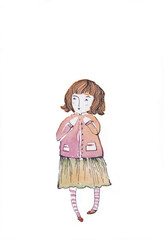 Illustration of a little girl doll watercolor. Sweet draw, hand made artworks.