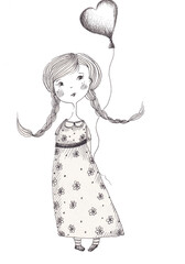 Little girl like a doll. Sweet illustration. graphics resource. 