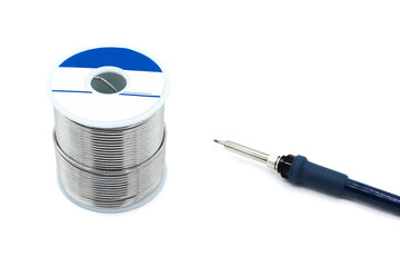 Soldering iron and solder wire isolated on white background.