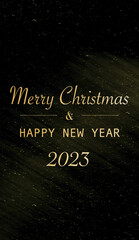 Background with text "Merry Christmas and happy new year 2023" in English.
Christmas bright Vertical. Christmas banners, cards, headers, websites. Gold glitter shadows with a black background.