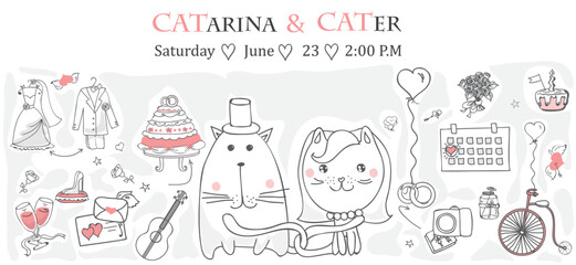 Doodle wedding set for invitation cards, including template design decorative elements