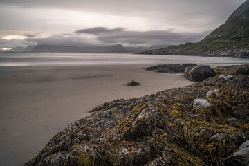 landscape view of a beach in Lofoten Islands, Norway on a cloudy day