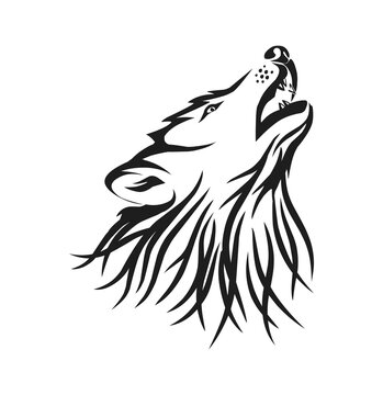 abstract howling wolf hand drawing, wolf head in black color. transparent background