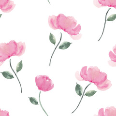 Dusty pink peony roses with green leaves seamless pattern isolated on white background. Botanical tile for bedding, wrapping paper, fabrics, textile, scrapbooking, stationery