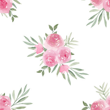 Dusty pink peony roses with green leaves seamless pattern isolated on white background. Botanical tile for bedding, wrapping paper, fabrics, textile, scrapbooking, stationery
