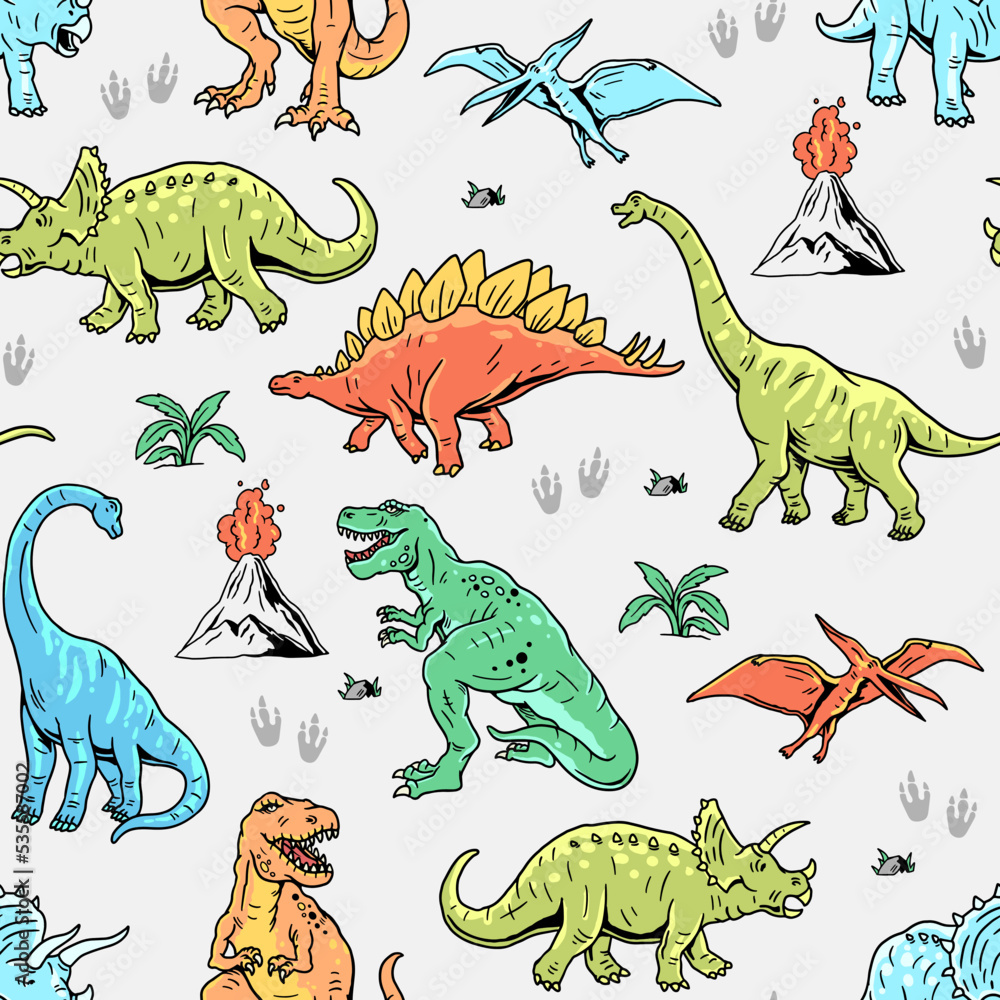 Canvas Prints dinosaur seamless pattern. hand drawn vector dinosaurs with background view. pattern with tyrannosau