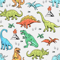Dinosaur seamless pattern. Hand drawn vector dinosaurs with background view. Pattern with Tyrannosaurus Rex, Stegosaurus, Brachiosaurus, Triceratops, and Pterodactyl cartoons.