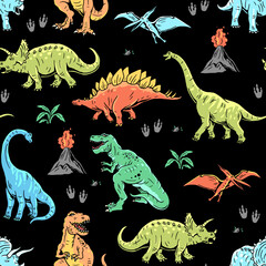 Dinosaur seamless pattern. Hand drawn vector dinosaurs with background view. Pattern with Tyrannosaurus Rex, Stegosaurus, Brachiosaurus, Triceratops, and Pterodactyl cartoons.