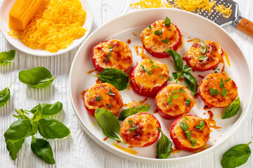 Baked Tomatoes with Mozzarella, Cheddar, Parmesan