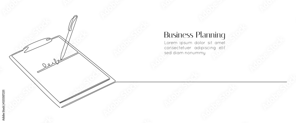 Poster one continuous line drawing of clipboard with checklist and pen. concept test and to do list in simp
