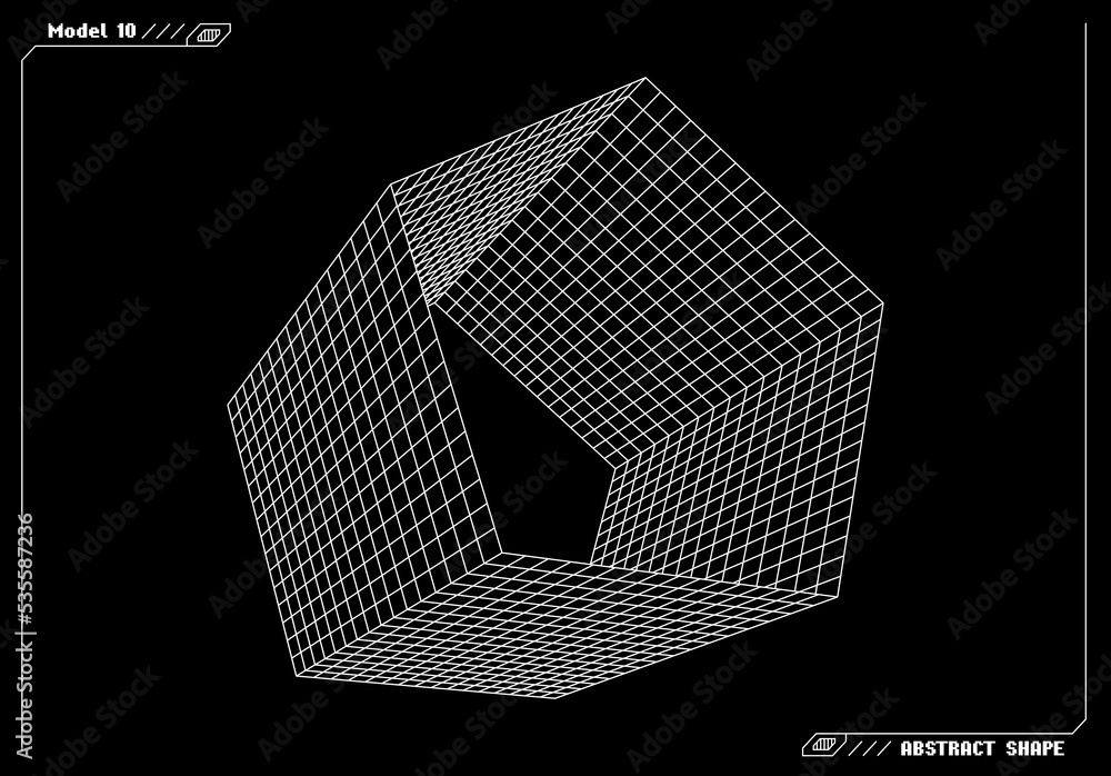 Poster Abstract 3d wireframe shape or basic element with open edge. Science and technology geometric abstraction with deformed shape.