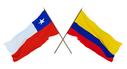Background, 3D render for designers, illustrators. National Independence Day. Flags Chily and Colombia