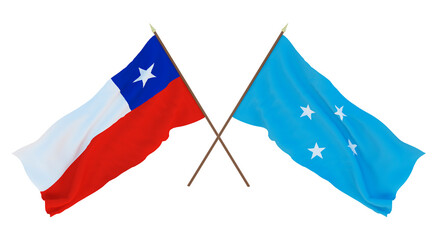 Background, 3D render for designers, illustrators. National Independence Day. Flags Chily and Micronesia