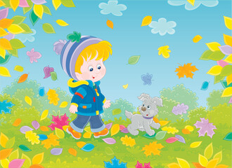 Little boy and his merry pup playing and walking on colorful fallen leaves around a pretty park on a warm autumn day, vector cartoon illustration