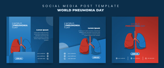 Set of social media post template with lung in red and blue color for world pneumonia day design - obrazy, fototapety, plakaty